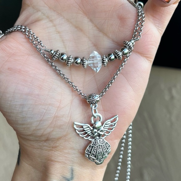 Genuine herkimer diamond crystal double layer stainless steel angel necklace - Picture 3 of 14